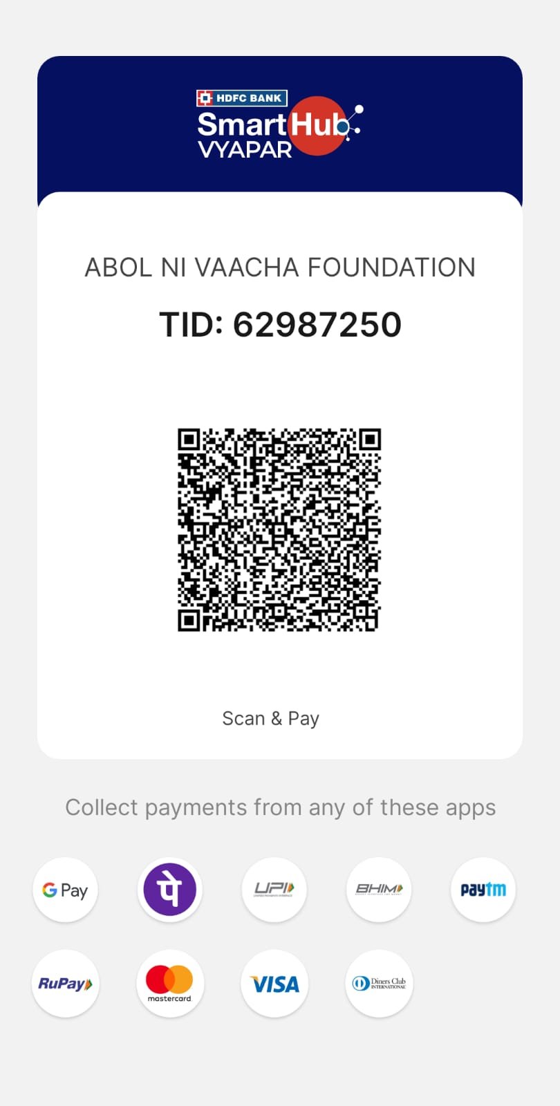 Donation QR code — Abol Ni Vaacha Foundation, HDFC Bank SmartHub Vyapar, TID 62987250